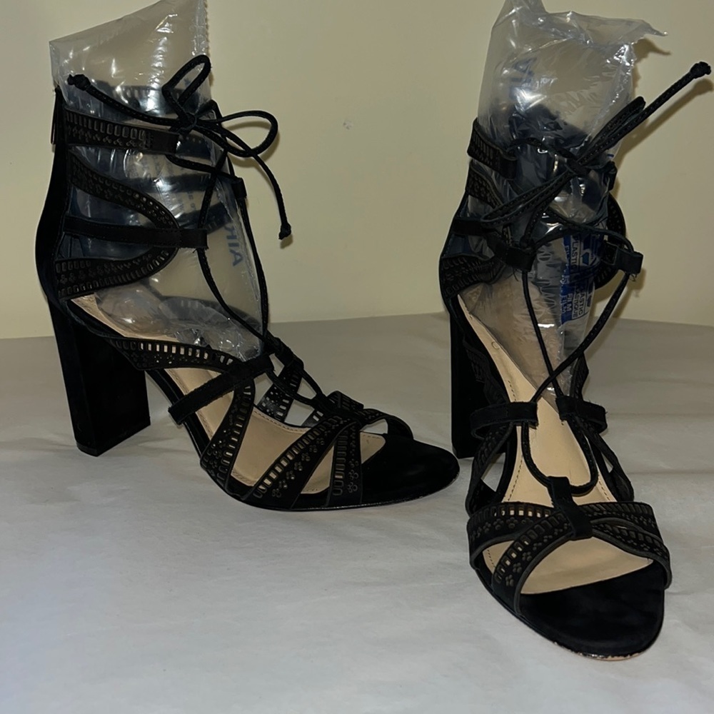 Vince Camuto, black leather strappy heels